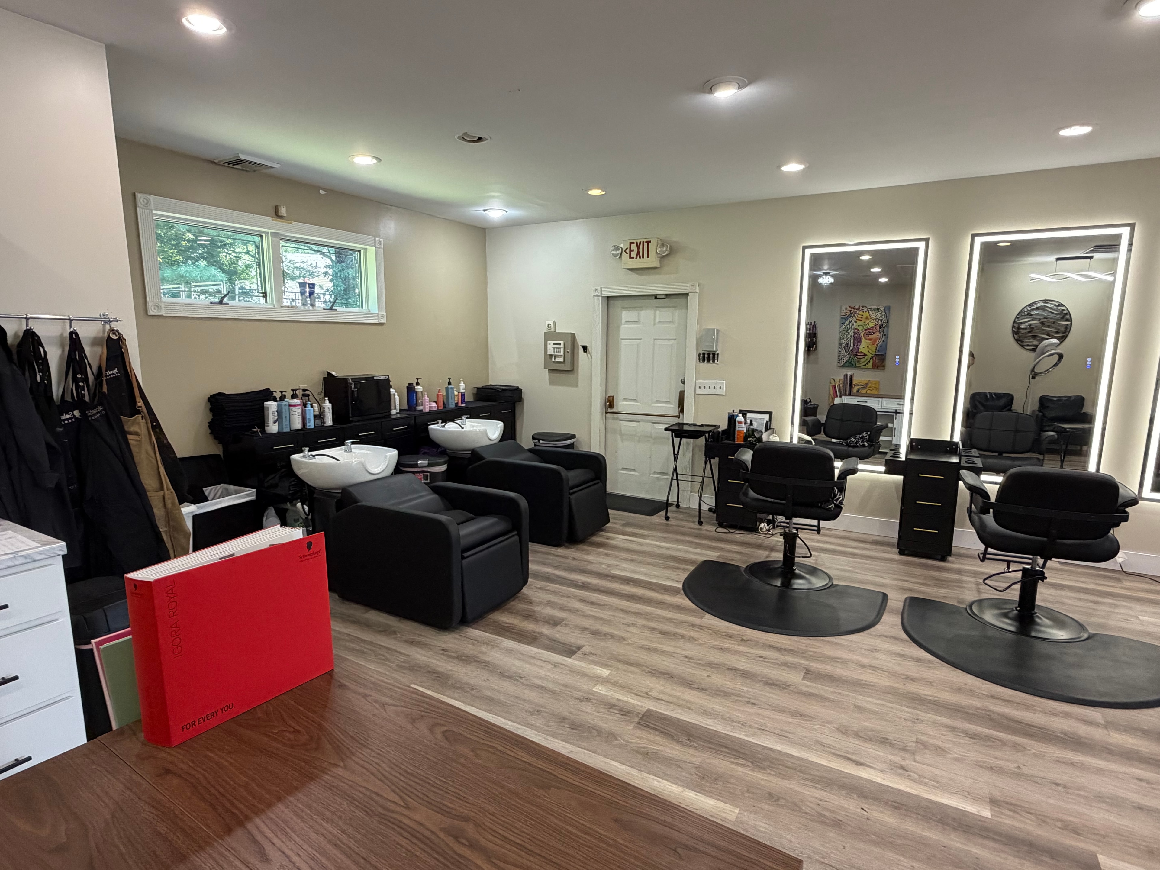 Hair by Sebo color mixing station and shampoo area